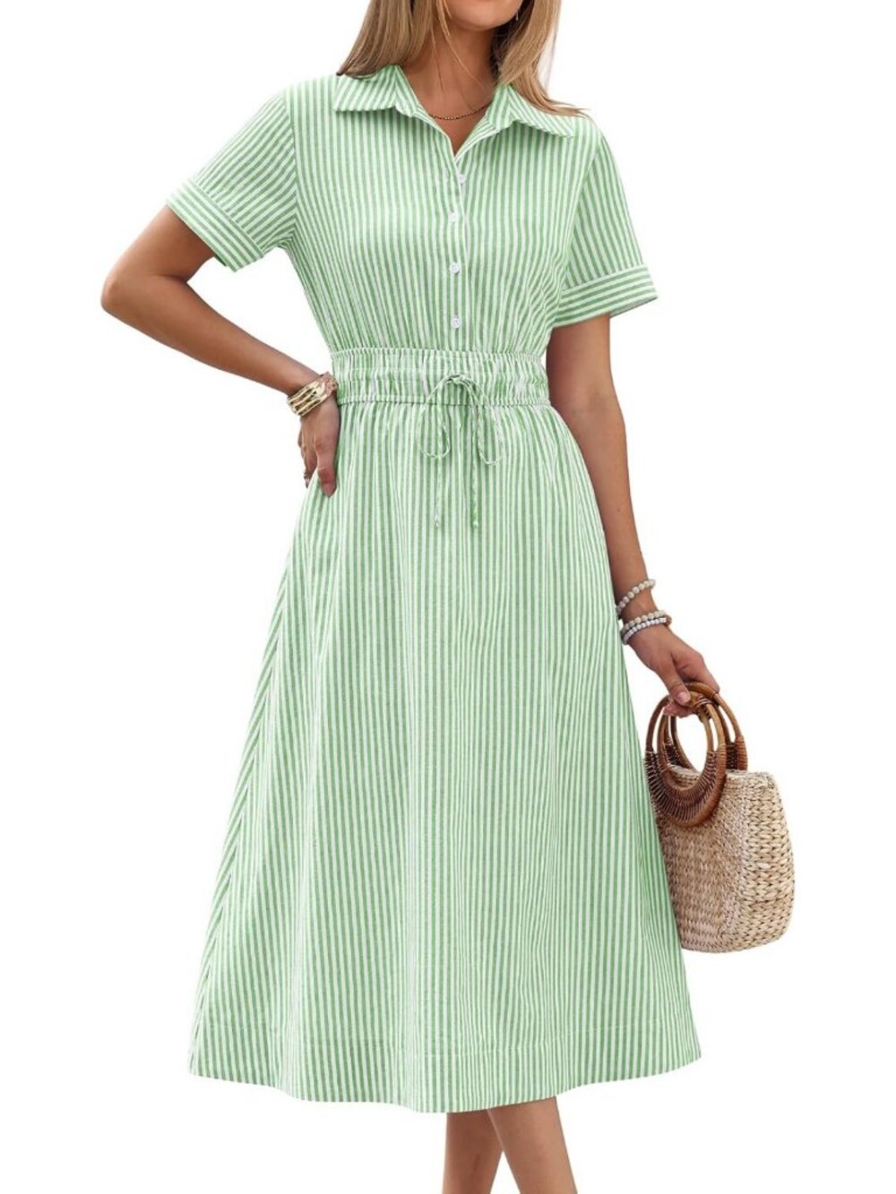Summer Casual A-Line Midi Dress for Women - Striped & Gingham, Short Sleeve